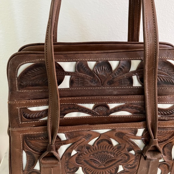 Vintage Tooled Leather Top Handle Purse Bag Chocolate Brown & White Two Tone - Picture 6 of 16